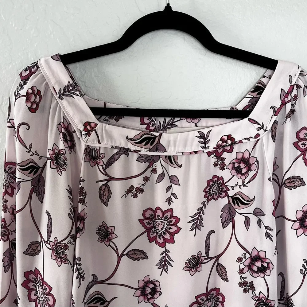 LOFT Floral Blouse Light Pink Purple Square Neckline Size Large Romantic